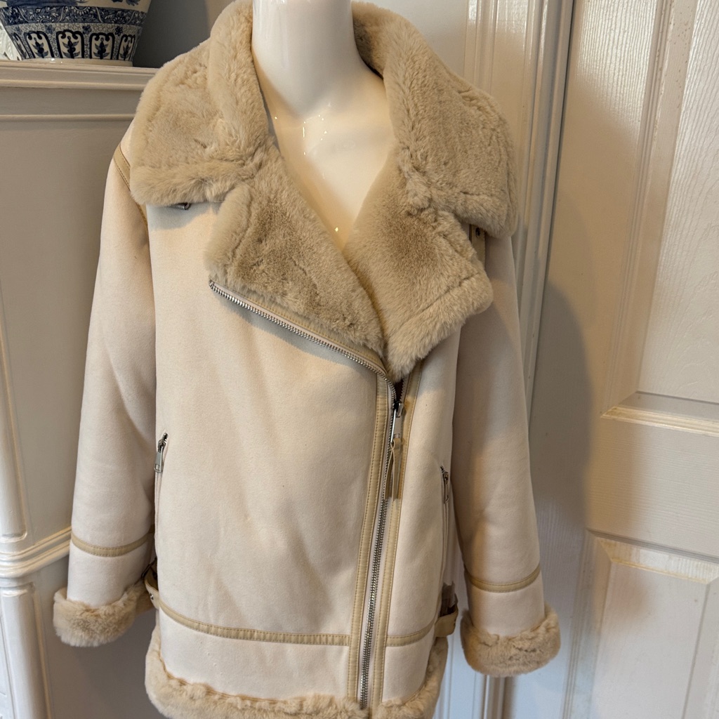 Zara Cream Teddy Jacket With Faux Fur Trim